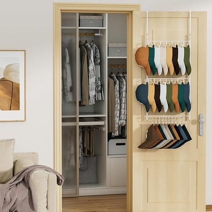 HapiRm Over Door Hat Rack - 3 Tier Wall Mounted Hat Organizer with 16 Hooks and 10 Movable Clips, Baseball Cap Organizer Storage Holds up to 26 Caps for Door, Bedroom, Closet USPTO Patent Pending