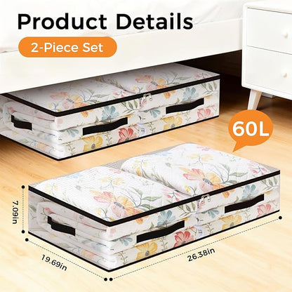 2 Pack Under Bed Storage Bags, 60L Foldable Clear Storage Containers with Handles, Dual Zippers for Comforter, Clothes, Bedding, Linen Sheets, Sweaters, Blanket Storage