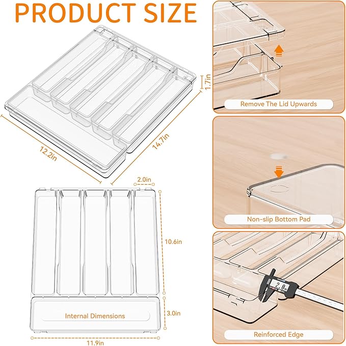 Yieach Clear Silverware Organizer with Lid - 12 inch Wide - Large Silverware Drawer Organizer & Tray and Utensil Drawer Organizers with Lid,BPA Free Plastic Flatware Drawers Organizers for Fork,Spoon