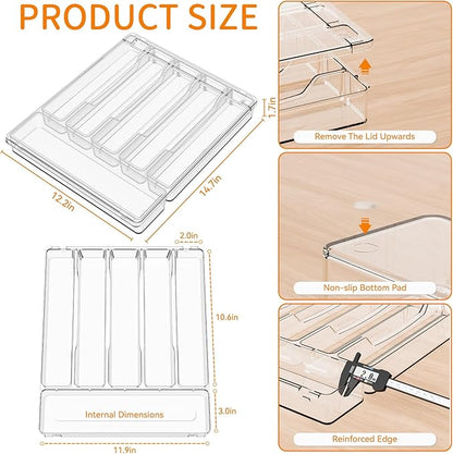 Yieach Clear Silverware Organizer with Lid - 12 inch Wide - Large Silverware Drawer Organizer & Tray and Utensil Drawer Organizers with Lid,BPA Free Plastic Flatware Drawers Organizers for Fork,Spoon