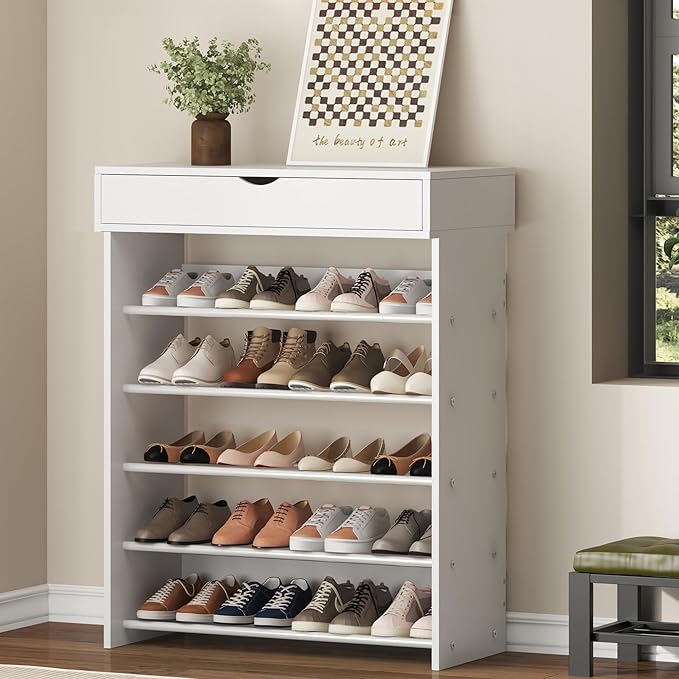 sogesfurniture 5-Tier Wooden Shoes Rack with Storage, Modern Free Standing Sturdy Shoe Rack Organizer (Holds 15-20 Pairs) for Entryway, Closets, Living Room, Hallway, Doorway (White)