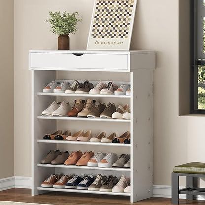 sogesfurniture 5-Tier Wooden Shoes Rack with Storage, Modern Free Standing Sturdy Shoe Rack Organizer (Holds 15-20 Pairs) for Entryway, Closets, Living Room, Hallway, Doorway (White)