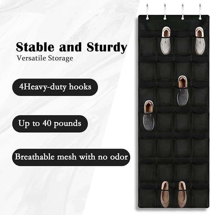 Over the Door Shoe Organizer, 28 Large Breathable Mesh Pockets, Space Saving Hanging Storage, Holds Up to 40 lbs, Hangs on Closets for Shoes, Accessories, Black