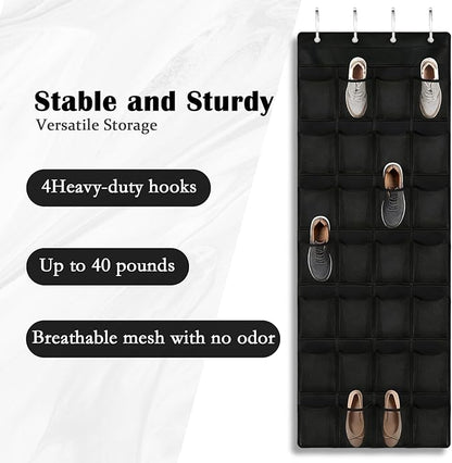 Over the Door Shoe Organizer, 28 Large Breathable Mesh Pockets, Space Saving Hanging Storage, Holds Up to 40 lbs, Hangs on Closets for Shoes, Accessories, Black
