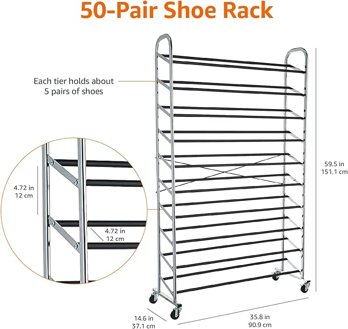 Amazon Basics 50-Pair Shoe Rack Organizer, Portable Rolling with Locking Wheels, Free Standing, 35.8 x 14.6 x 59.5 inches, Chrome