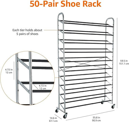 Amazon Basics 50-Pair Shoe Rack Organizer, Portable Rolling with Locking Wheels, Free Standing, 35.8 x 14.6 x 59.5 inches, Chrome