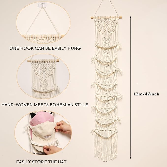 jontell Baseball Cap Storage Over Door-1 Pack-Boho Macrame Cap Holder Wall Hat Organizer for Baseball Cap Holder, Hat Rack for Wall Hanging Hat Holder for Bohemian Bedroom Decor
