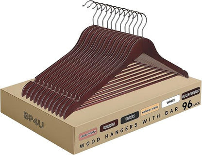 Quality Wooden Clothes Hangers, Solid Wood Suit & Coat Hangers with Pants Bars, Swivel Hook, Shoulder Notches, Heavy Duty Hangers for Shirts, Jackets, Dresses & Trousers(Mahogany/96-Pack)
