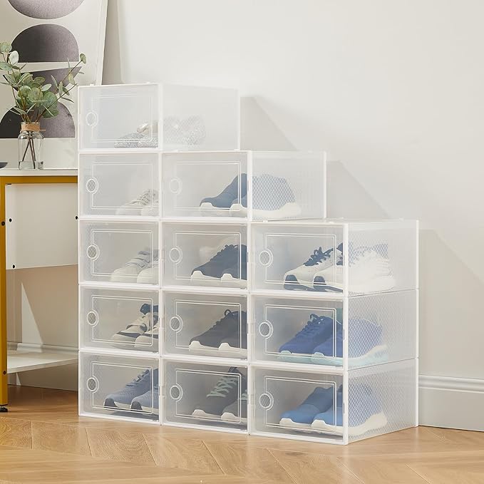 Garvee 12 PCS Transparent Plastic Foldable Shoe Boxes, Stackable Shoe Storage Organizers with Lids for Closet