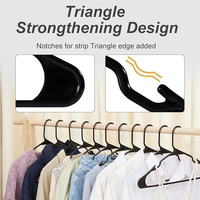 VECELO 25 Pack Plastic Hangers-Clothes Hangers with Shoulder Non Slip Notches,Clothing Hangers for Closet Space Saving-Heavy Duty Coat Hanger,Black