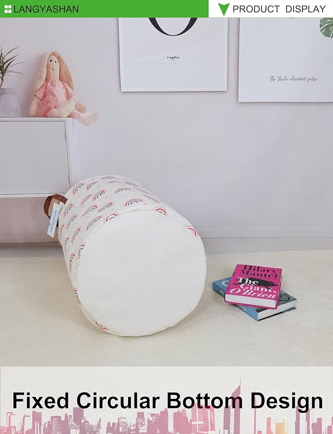 Laundry Basket Canvas Fabric Collapsible Organizer Basket for Storage Bin Toy Bins Gift Baskets Bedroom Clothes Children Nursery Hamper (Round Cloud Rainbow)