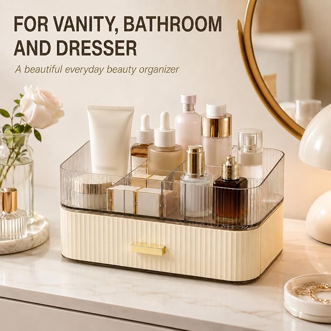 Makeup Organizer with Wide Drawer for Vanity, Stackable Cosmetic Organizer Countertop, Clear Skincare Storage for Bathroom Counter, Perfume, Lipstick, Brushes and Palettes, Cream White