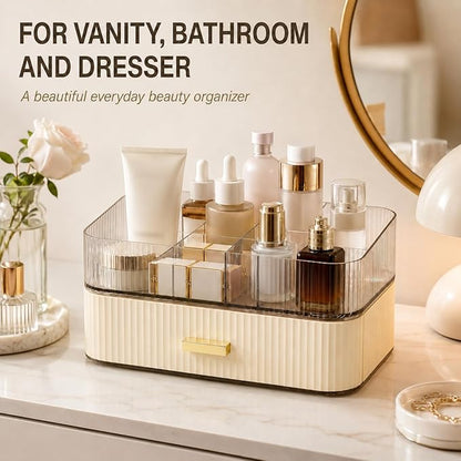 Makeup Organizer with Wide Drawer for Vanity, Stackable Cosmetic Organizer Countertop, Clear Skincare Storage for Bathroom Counter, Perfume, Lipstick, Brushes and Palettes, Cream White