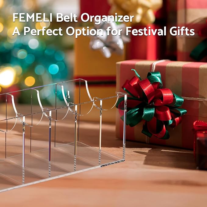 FEMELI Belt Organizer, Acrylic 5 Compartments Container Storage Holder, Clear Display Case for Closet Tie and Bow Tie