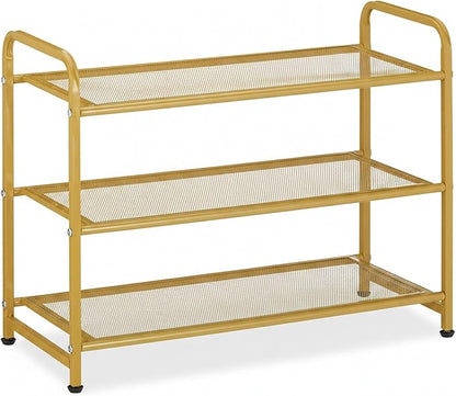 Relaxdays Rack, Organiser with 3 Levels, 6 Pairs of Shoes, HWD: 48 x 60 x 25 cm, Metal, Hallway Storage, Gold, Steel