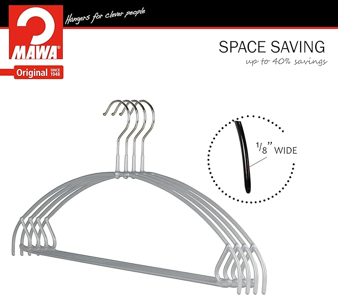 Mawa by Reston Lloyd Euro Ultra Light/Thin Series, Non-Slip Space Saving Clothes Hanger with Bar & Hook for Pants and Skirts, Style 42/PTU, Set of 2, Silver
