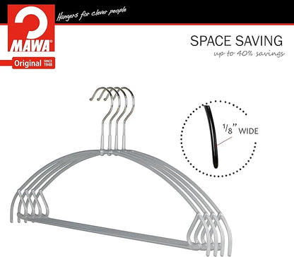 Mawa by Reston Lloyd Euro Ultra Light/Thin Series, Non-Slip Space Saving Clothes Hanger with Bar & Hook for Pants and Skirts, Style 42/PTU, Set of 10, Silver