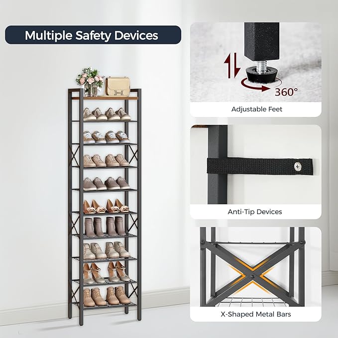 YATINEY 10-Tier Narrow Shoe Rack, Tall Shoe Rack for 10-20 Pairs, Slim Shoe Storage Organizer with Wooden Top, Space Saving, Metal Frame, for Entryway, Rustic Brown and Black SS68BR
