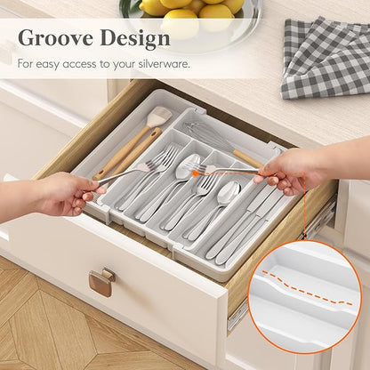 Lifewit Silverware Drawer Organizer, Expandable Utensil Tray for Kitchen, BPA Free Flatware and Cutlery Holder, Adjustable Plastic Storage for Spoons Forks Knives, 8.5-14 x 12", White