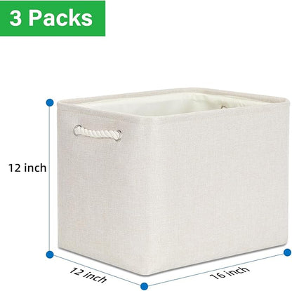 Bidtakay Large Storage Baskets for Shelves 3 Pack Fabric Storage Bins for Organizing Linen Collapsible Organizer for Closet-Light Biege