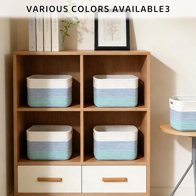 4 Pack Storage Baskets for Organizing, 12''Lx9''Wx8''H Woven Baskets for Storage Toys, Towels, Books, and Clothes, Cotton Rope Basket for Shelves with Handle White & Brown