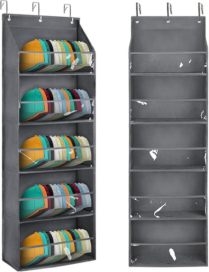 Hat Organizer for Baseball Caps - Hat Rack for Door - Hat Storage for Baseball Caps，Hat Holder on Wall, Clear Deep Pockets， 5 Tiers, Holds at Least 60 Hats, with 3 Hooks (Grey)