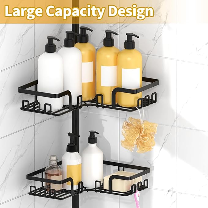 KEGII Shower Caddy Tension Pole with 2 Towel Bars, Corner Shower Organizer Shelves for Bathtub Shampoo Storage, Adjustable Shower Tension Rod with Razor Holder & Hooks
