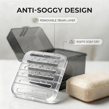 Travel Soap Container with Draining Layer, Square Soap Dish Bar Soap Holder for Shower with Lid Soapbox Bathroom Soap Dishes fit Dr Squatch Bars for Traveling Vonpri (Transparent Black Large)
