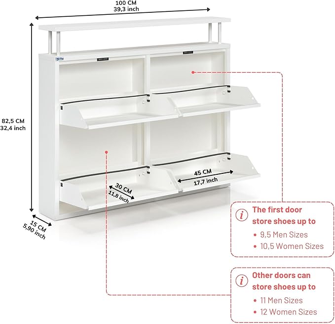 CEHA 4 Tier Metal Shoe Cabinet with Cover and Shelf, Durable Shoe Storage Organizer for Entryway, Space Saving Shoe Shelf Closet, 5.91" x 39.3" x 332.4", White