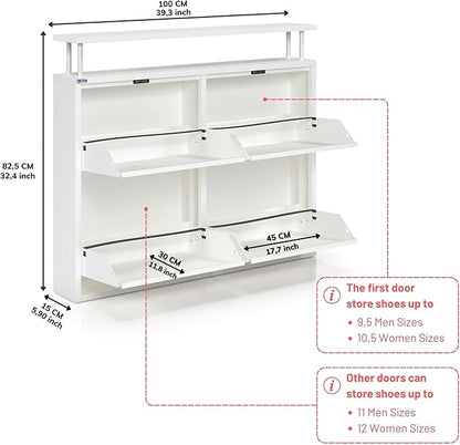 CEHA 4 Tier Metal Shoe Cabinet with Cover and Shelf, Durable Shoe Storage Organizer for Entryway, Space Saving Shoe Shelf Closet, 5.91" x 39.3" x 332.4", White