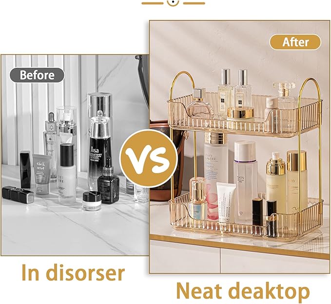 shuang qing Bathroom Counter Organizer Countertop Storage, Cosmetics Skincare Shelf, Makeup Organizer Perfume for Dresser Vanity Tray, Spice Rack for Kitchen(2 Tier-Gold)