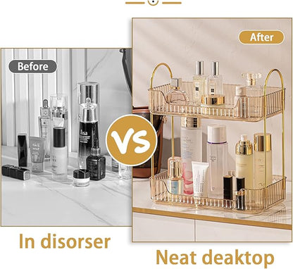 shuang qing Bathroom Counter Organizer Countertop Storage, Cosmetics Skincare Shelf, Makeup Organizer Perfume for Dresser Vanity Tray, Spice Rack for Kitchen(2 Tier-Gold)