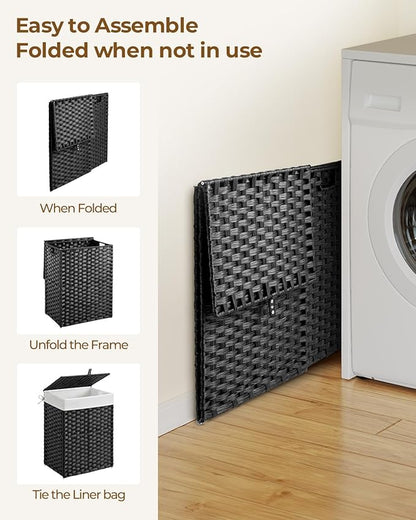 Greenstell Laundry Hamper with Lid, 90L Clothes Hamper with 2 Removable Liner Bags & 2 Mesh Laundry Bags, Handwoven Synthetic Rattan Laundry Basket for Clothes, Toys in Bathroom, Bedroom Black