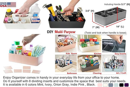 New Plastic Portable Makeup Organizer Caddy Tote Divided Basket Bin with Handle, for Bathroom Storage - Holds Blush Makeup Brushes, Eyeshadow Palette, Lipstick - Extra Large Made In USA (Mint)