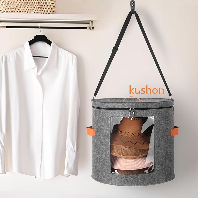 kushon Oversized Hat Storage Box for Women & Men，19" D x 17" H Cowboy Hat Boxes with 1 Wood Hook Felt travel Round Hat Organizer Box with Dustproof Lid (Gray)