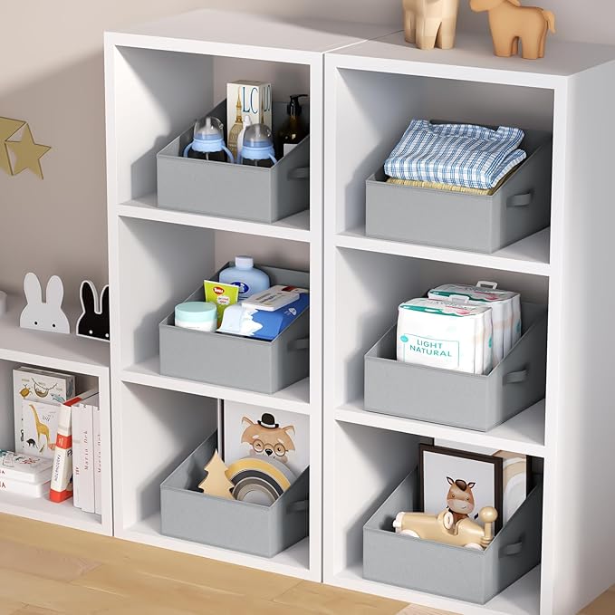 DIMJ Storage Bins for Closet, Trapezoid Storage Bins with Front Handle, Fabric Storage Baskets for Shelves, Line Closet Organizers for Toys, Boooks, Clothes, 6 Packs (Grey)