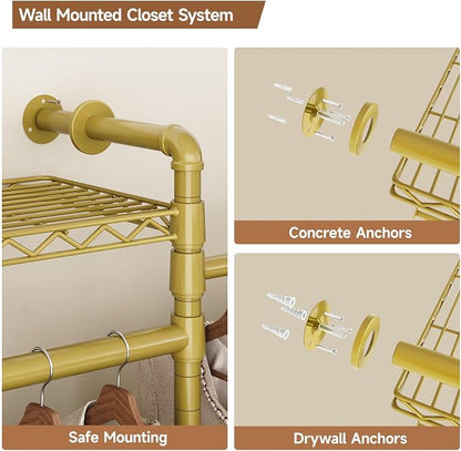 Wall-Mounted 3-Section Closet System, Expandable Industrial Pipe Clothing Rack with 4 Telescopic Rods & 6 Mesh Shelves, Heavy Duty Garment Organizer for Walk-In Closets & Bedrooms, Gold
