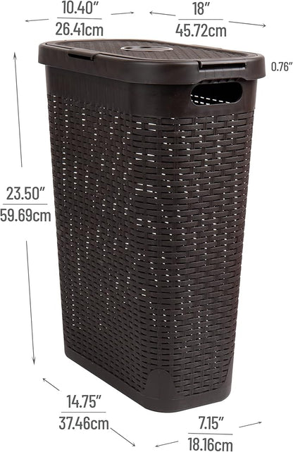 Mind Reader Slim Laundry Hamper with Lid, 40L Clothes Basket, Narrow Tapered Design with Ventilated Cutout Pattern, Plastic, Brown