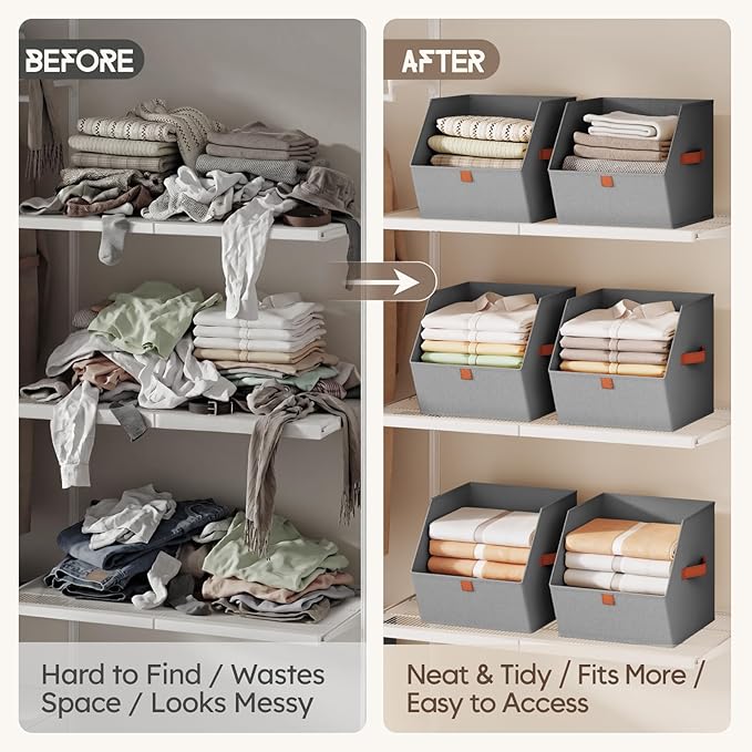 Homsorout Fabric Closet Storage Cubes - 6 Pack Square Storage Bins with Dual Handles for Clothes, Towels, Toys, Cube Storage Organizers for Bedroom, Nursery, Shelves, Closet, Small Spaces, Grey