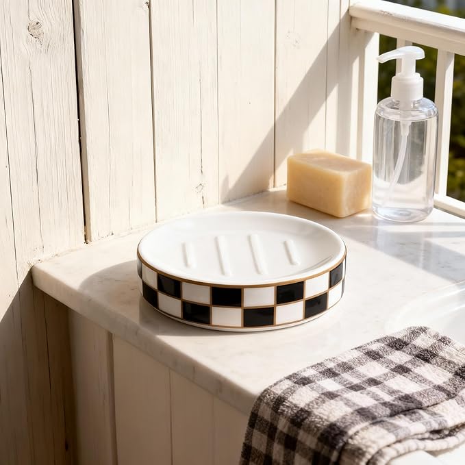 Ceramic Checkered Soap Dish,Black&White Soap Dish for Bathroom Sink, Bar Soap Holder for Bathroom Decorative Counter,Checkered Deco (Black)