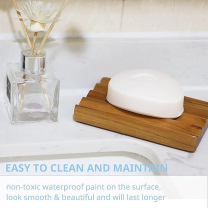 Teak Soap Dish for Shower Pack of 2 by HTB, Wood Decorative Bath Soap Holder Heightened Base Design to Keep Soap Dry in Kitchen, Bathroom, Sink, Bathtub, Wooden Soap Saver for Hand Face Shampoo Bar