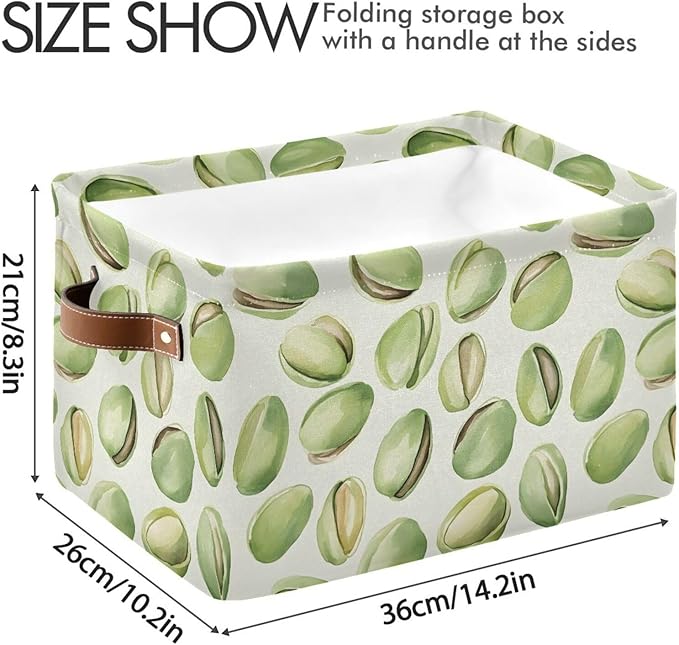 Large Storage Basket Pistachios Watercolor Green Storage Bin Cube Canvas Fabric Organizer Handles Collapsible for Clothes Toys Bedroom Decorative