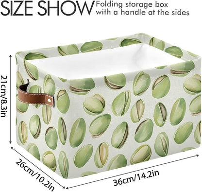 Large Storage Basket Pistachios Watercolor Green Storage Bin Cube Canvas Fabric Organizer Handles Collapsible for Clothes Toys Bedroom Decorative