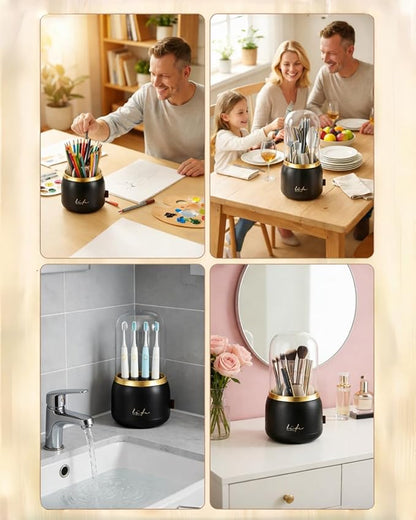Silverware Organizer with Lid, 360° Rotation Utensil Holder for Kitchen Counter, Silverware Caddy for Party, 7 Slots Fits Standard Utensils & Steak Knives, Not for Extra-Long Knives (Black)