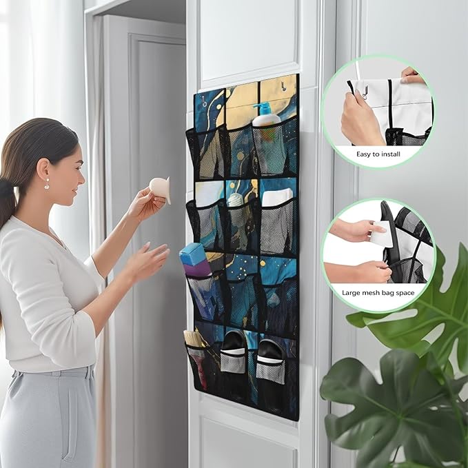 Hanging Storage Pockets Over The Door Organizer Storage for Closet with 12 Mesh Pockets Organizers, Clothes Organizer for Bathroom Bedroom,Blue Marble