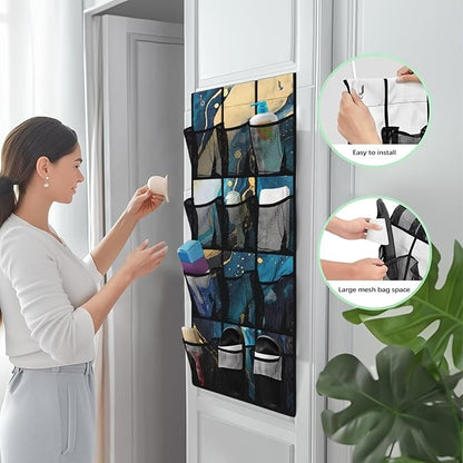 Hanging Storage Pockets Over The Door Organizer Storage for Closet with 12 Mesh Pockets Organizers, Clothes Organizer for Bathroom Bedroom,Blue Marble