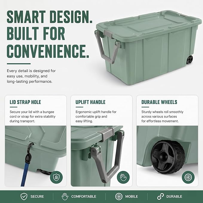 Extra Large 40 Gallon Wheeled Industrial Storage Bins, Heavy Duty Plastic Stackable Totes with Latch Lids and Pull Handle for Garage, Basement, and Moving, Green, 2 Pack