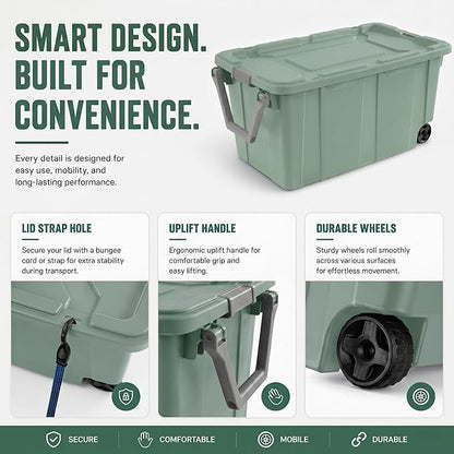 Extra Large 40 Gallon Wheeled Industrial Storage Bins, Heavy Duty Plastic Stackable Totes with Latch Lids and Pull Handle for Garage, Basement, and Moving, Green, 2 Pack