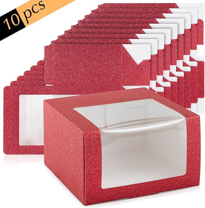 LADYBRO 10 Pack 7.8" x 7.8" x 4.8" Black Gift Boxes with Window Display for Hat Storage Containter for Baseball Caps (Fitted, Snapbacks, Trucker) (Glitter Red, 7.8" x 7.8" x 4.8")