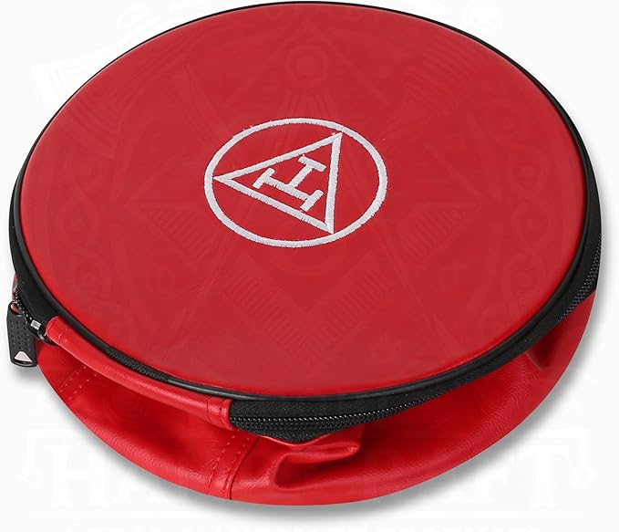 Masonic Royal Arch Chapter Crown Cap Case – Foldable 9”x9” Red Faux Leather Hat Box with Embroidered Triple Tau Emblem & Adjustable Shoulder Strap – Lightweight & Travel-Friendly